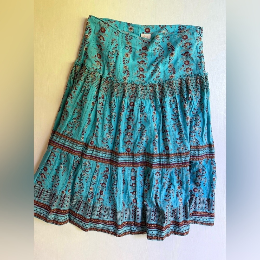 ANTHROPOLOGIE PLENTY  Turquoise Boho Tiered Cotton Skirt Midi Size 2 India